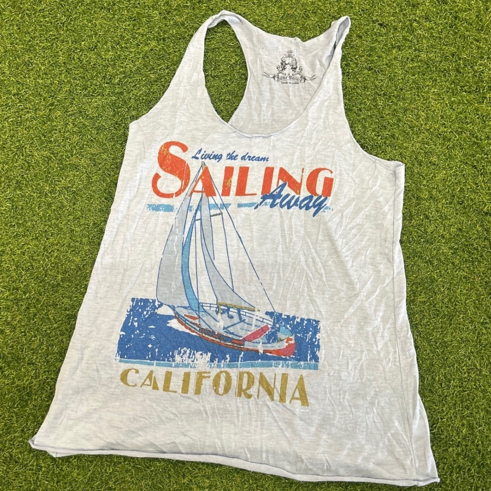 Bear Dance Sailing Away California Racerback Tank Top Gray Graphic Womens Medium
